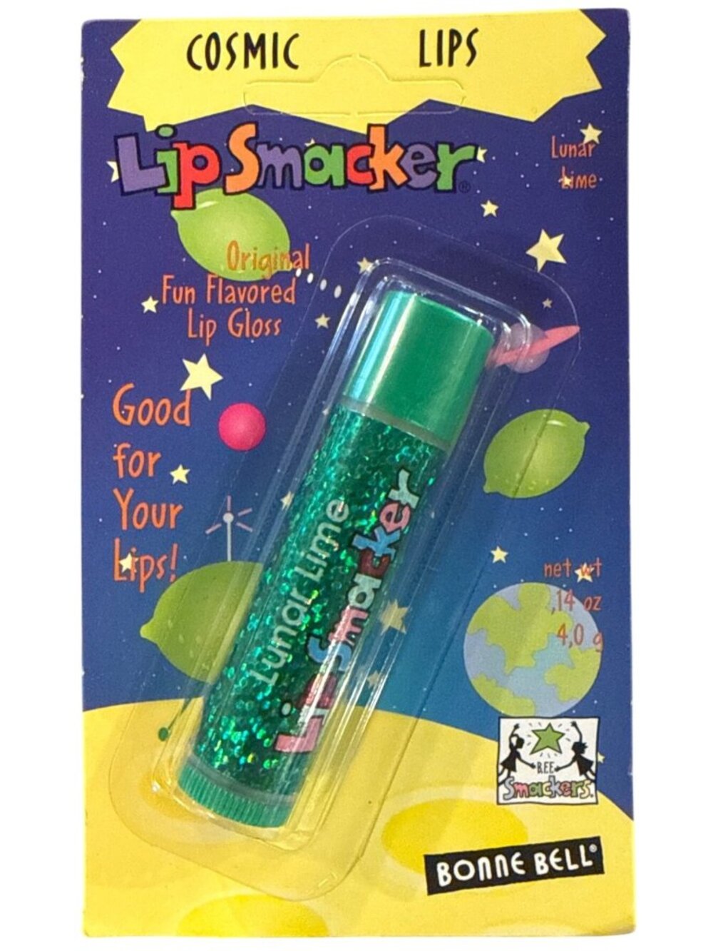 Vintage Bonne Bell Smacker Cosmic Lips LUNAR LIME Bubble Font Shimmer Lip Balm